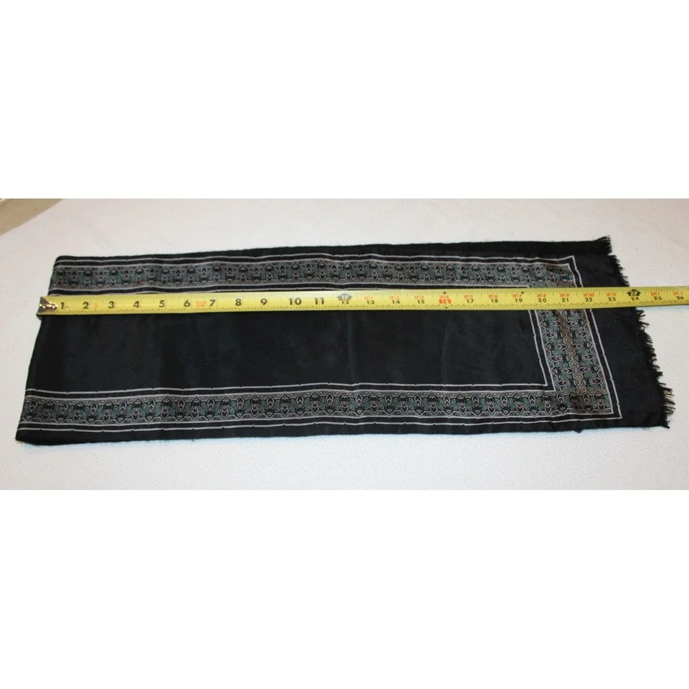 Weavers Workshop black silk scarf with wool lining Japan fringed paisley border